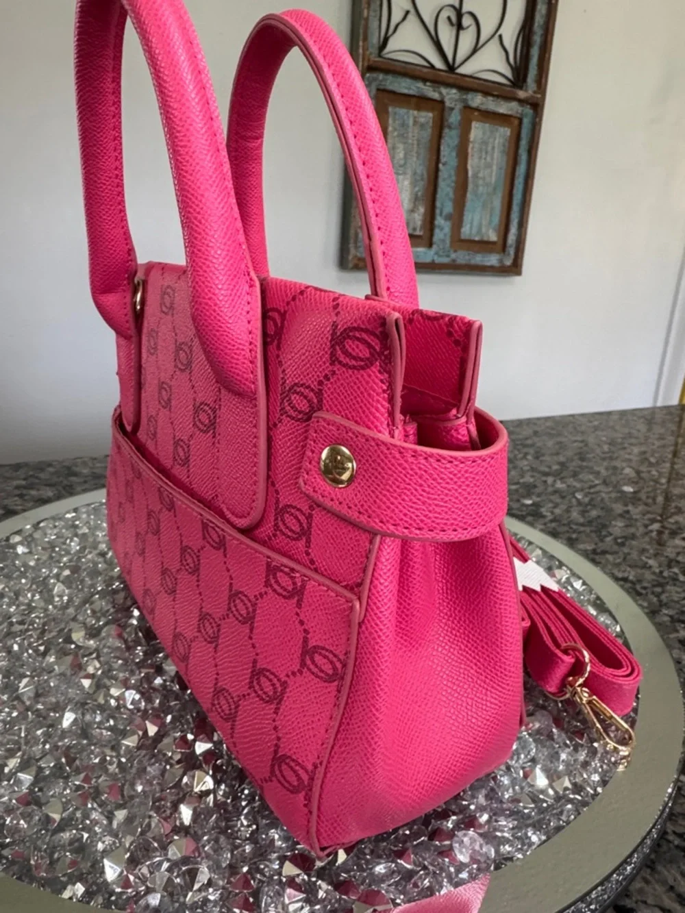 bebe Hot Pink Logo small Satchel with Gold-Tone Hardware and crossbody strap - Picture 7 of 16